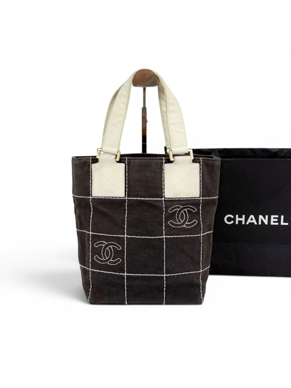 Chanel Wild Stitch Mini Tote CC Logo Black White Canvas Chocolate